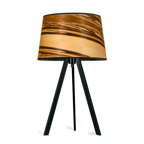 Dreibeintischleuchte Attica 60cm Satin Nussbaum mit konischem Schirm in Holzoptik für harmonische Lichtinseln.