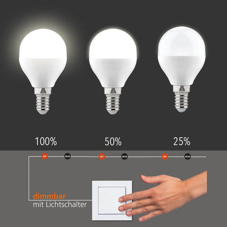 E14 LED Tropfen Dimmbar per Schalter Warmweiß 2700K 470lm 4,5W mit Dimmstufen 100%, 50% und 25%.