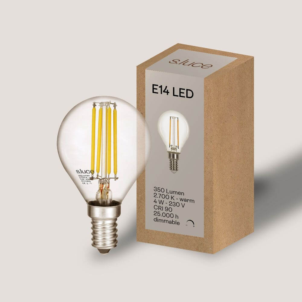s.luce E14 LED Warmweiß 2700K 350lm 4W Dimmbar CRI 90 mit klarem Glas und brauner Verpackung.