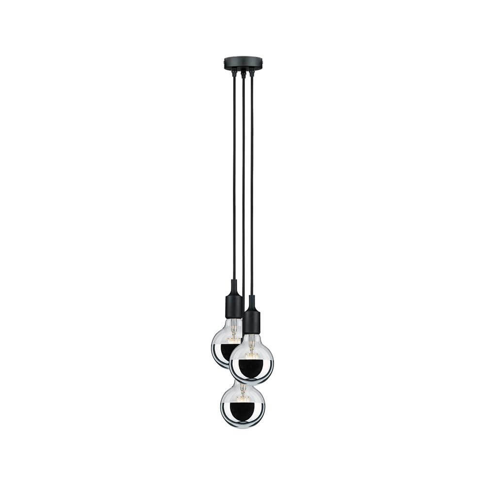 Pendelleuchte mit drei E27 Glühbirnen, schwarz, modern und elegant, für warmes Licht im Wohnbereich.
