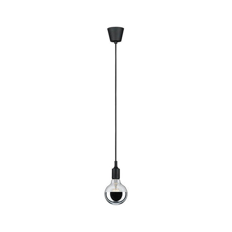 E27 4,8W LED Globe 2700K Kopfspiegel Silber in schwarzer Pendelleuchte, elegant und modern.