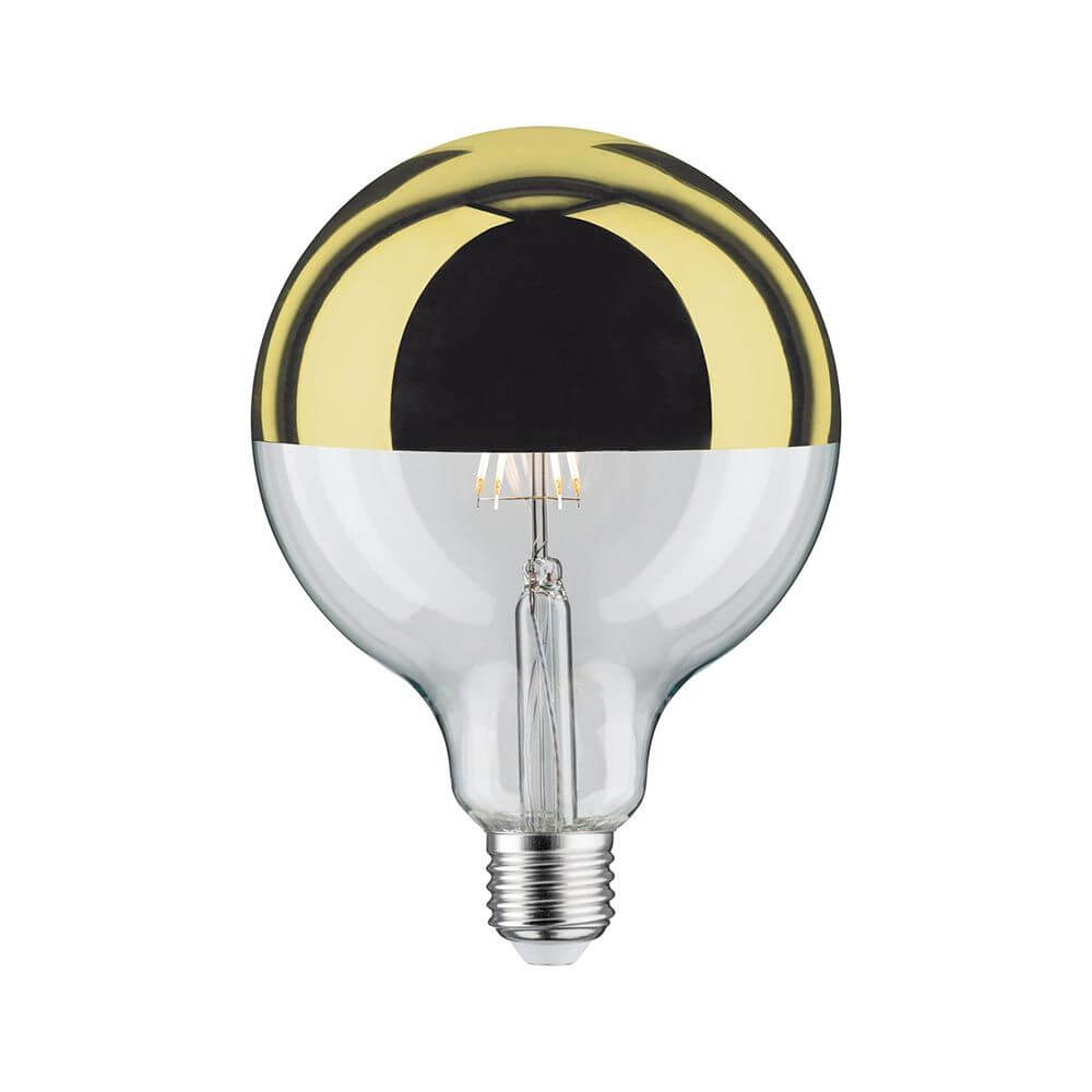 E27 6,5W LED Globe Kopfspiegel 2700K Dimmbar Gold - Globenlampe mit goldener Oberseite und klarer Glaskugel.