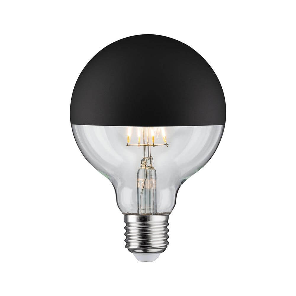 E27 6,5W LED Globe Kopfspiegel 2700K Schwarz-Matt Dimmbar - elegante Globenlampe mit schwarzem Oberteil.