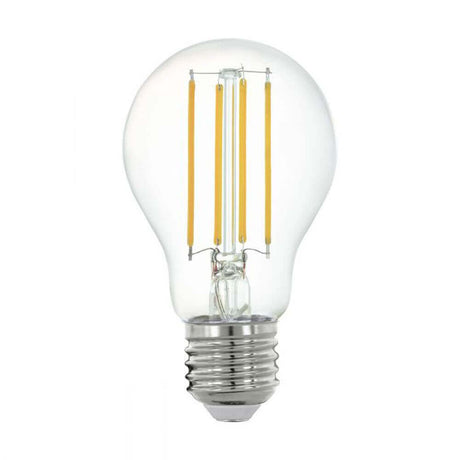 E27 Glühbirne LED Retro 6W 2700K mit klarem Glaskörper und goldenen Filamenten.