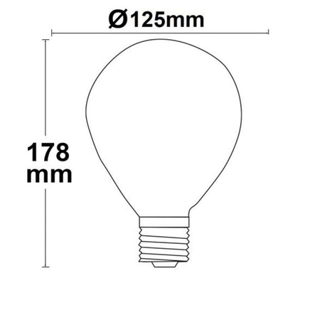 E27 LED Globe Ø12,5cm Dimmbar 4W extra Warmweiß 2200K mit Abmessungen Ø125mm und Höhe 178mm.