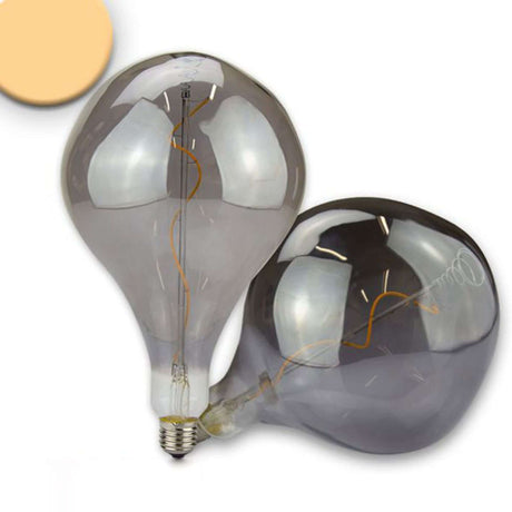 E27 LED Tropfen Smoky Ø16,5cm dimmbar 4W 2200K in zwei transparenten Glühbirnen.
