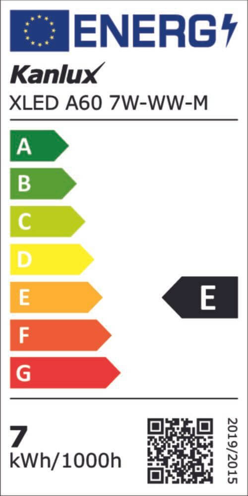 Energielabel für Kanlux XLED A60 7W-WW-M mit Energieeffizienzklasse E und Verbrauchsinformationen.