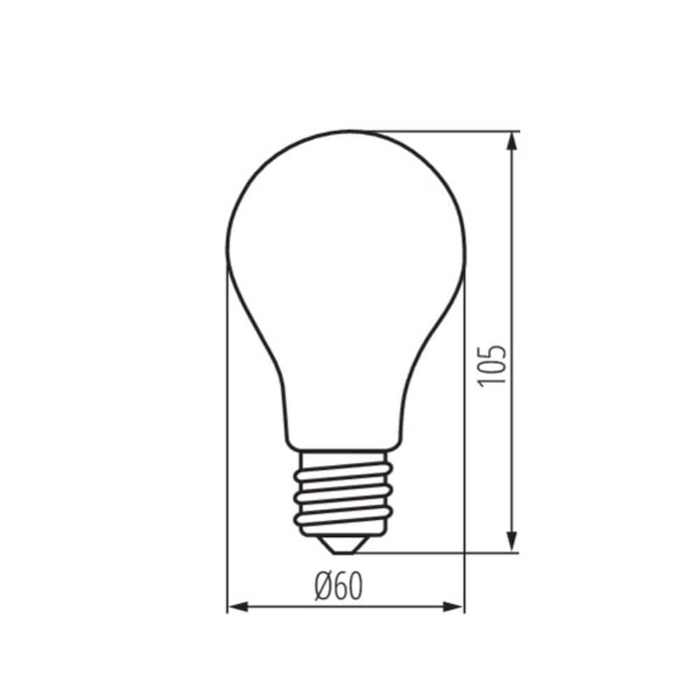 E27 LED Warmweiß 2700K 810lm 7W technische Zeichnung einer LED-Glühbirne, Maße und Design.