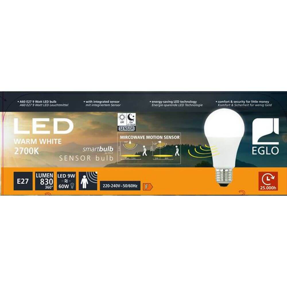 E27 Sensor LED Warmweiß 2700K 830lm 9W inkl. Bewegungsmelder Verpackung mit Sensor.