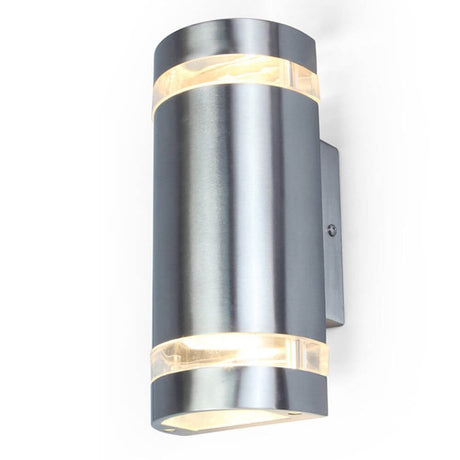 Applique extérieure en acier inoxydable Focus IP44 en acier inoxydable montée au mur, design moderne, surface métallique élégante avec sortie de lumière.