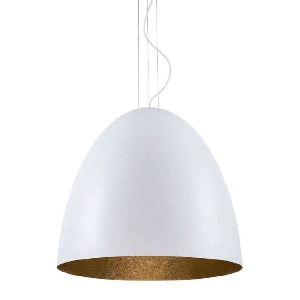Pendelleuchte Egg L Ø 55cm Weiß, Goldfarben. Moderne Hängeleuchte mit mattem Weiß und goldener Innenseite.