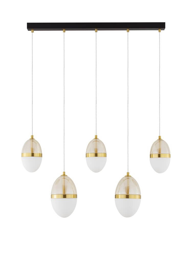 Egna Pendelleuchte 5-flammig Balken 3000K Gold mit eleganten gläsernen Lampenschirmen.