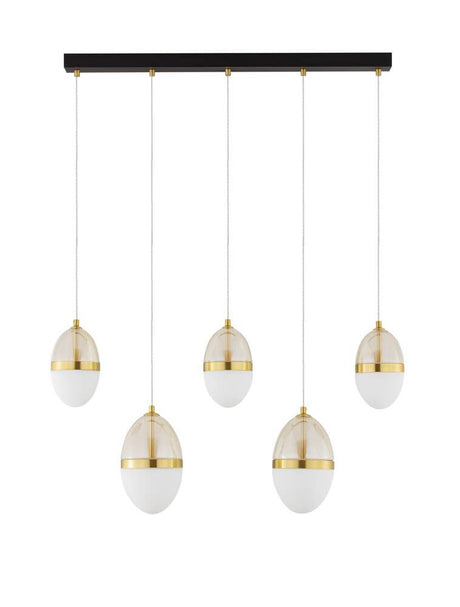 Egna pendant light 5-light bar 3000K gold with elegant glass lampshades.