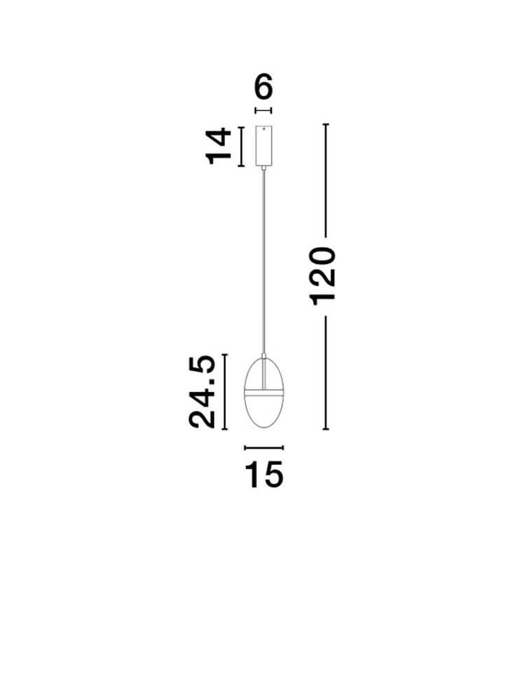 Maßzeichnung der Egna Pendelleuchte Oval 3000K Gold mit Abmessungen von 12 cm Durchmesser und 120 cm Höhe.