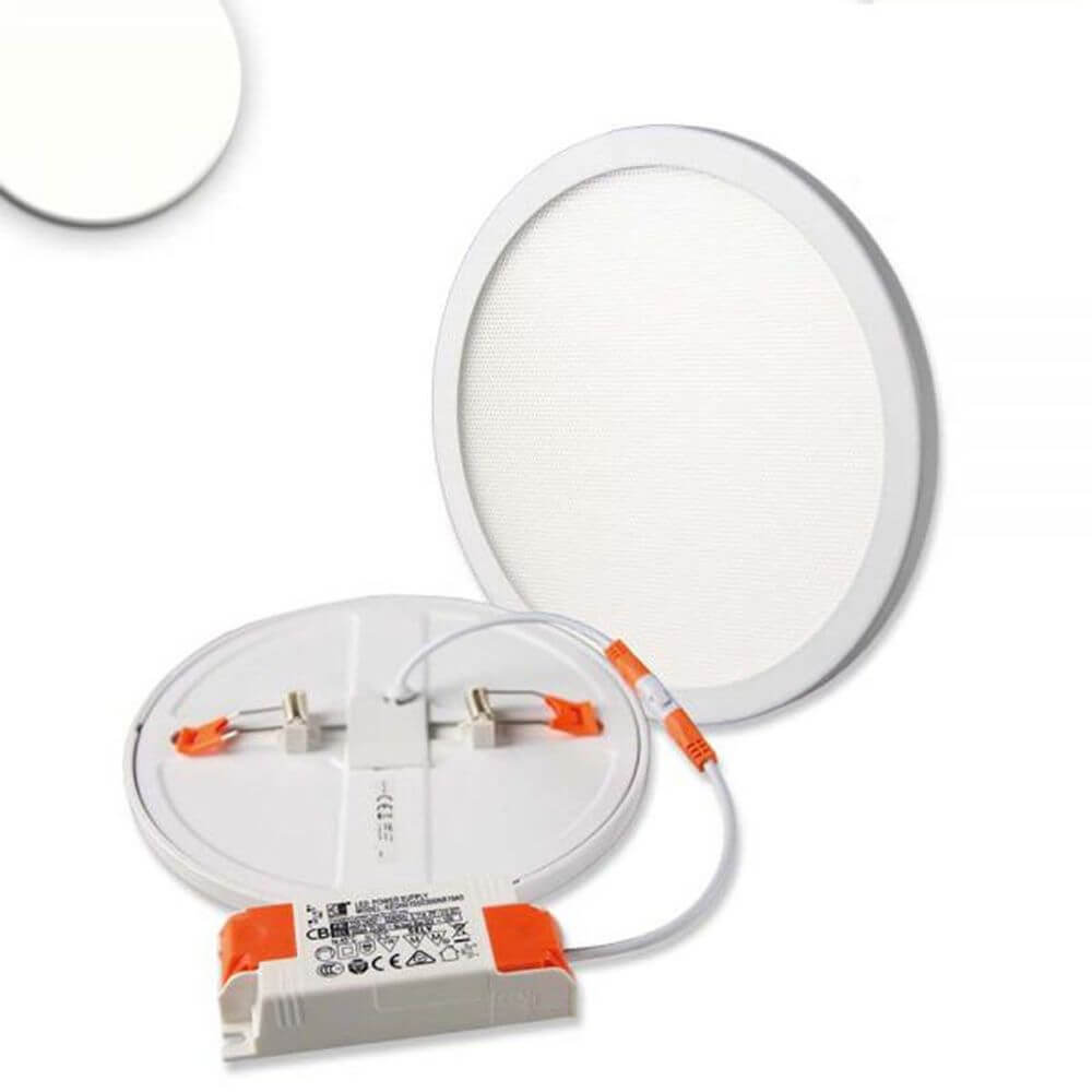 Einbau LED-Panel Ø 17,5cm Flex Dimmbar 15W Neutralweiß mit externem Trafo und federklammern im Bild.