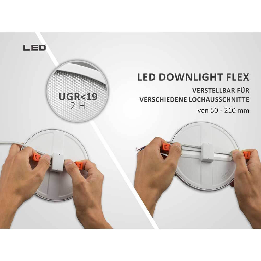 Einbau LED-Panel Ø 17,5cm Flex Dimmbar 15W Ausschnitt 5-16cm Warmweiß, einstellbarer LED Downlight Flex.