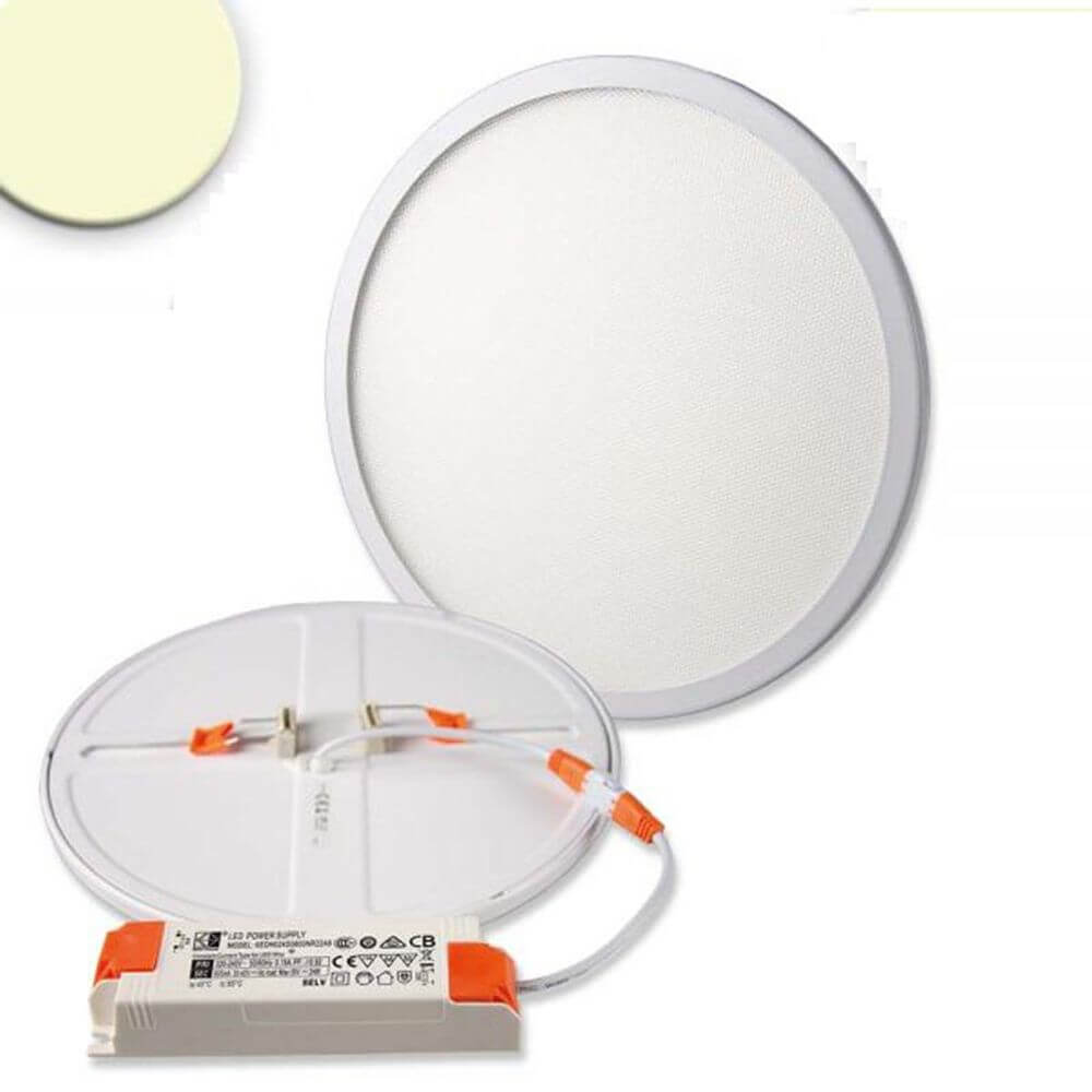 Einbau LED-Panel Ø 23cm, 23W, Warmweiß, mit externem Trafo und verstellbaren Federklammern.