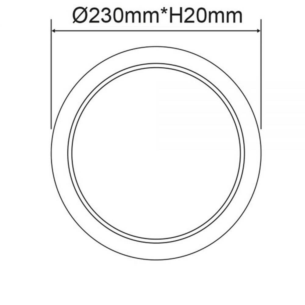 Technische Zeichnung eines LED-Panels mit Durchmesser 230mm und Höhe 20mm.