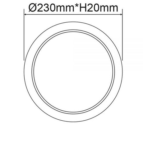 Technische Zeichnung eines Einbau LED-Panels Ø 230mm, Höhe 20mm für dimmbare Beleuchtung.