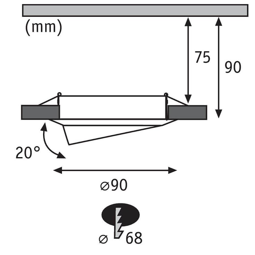 Maßzeichnung der Einbauleuchte Base 10er Basis-Set Schwenkbar Ø 9cm Metall mit Abmessungen und Anschlüssen.
