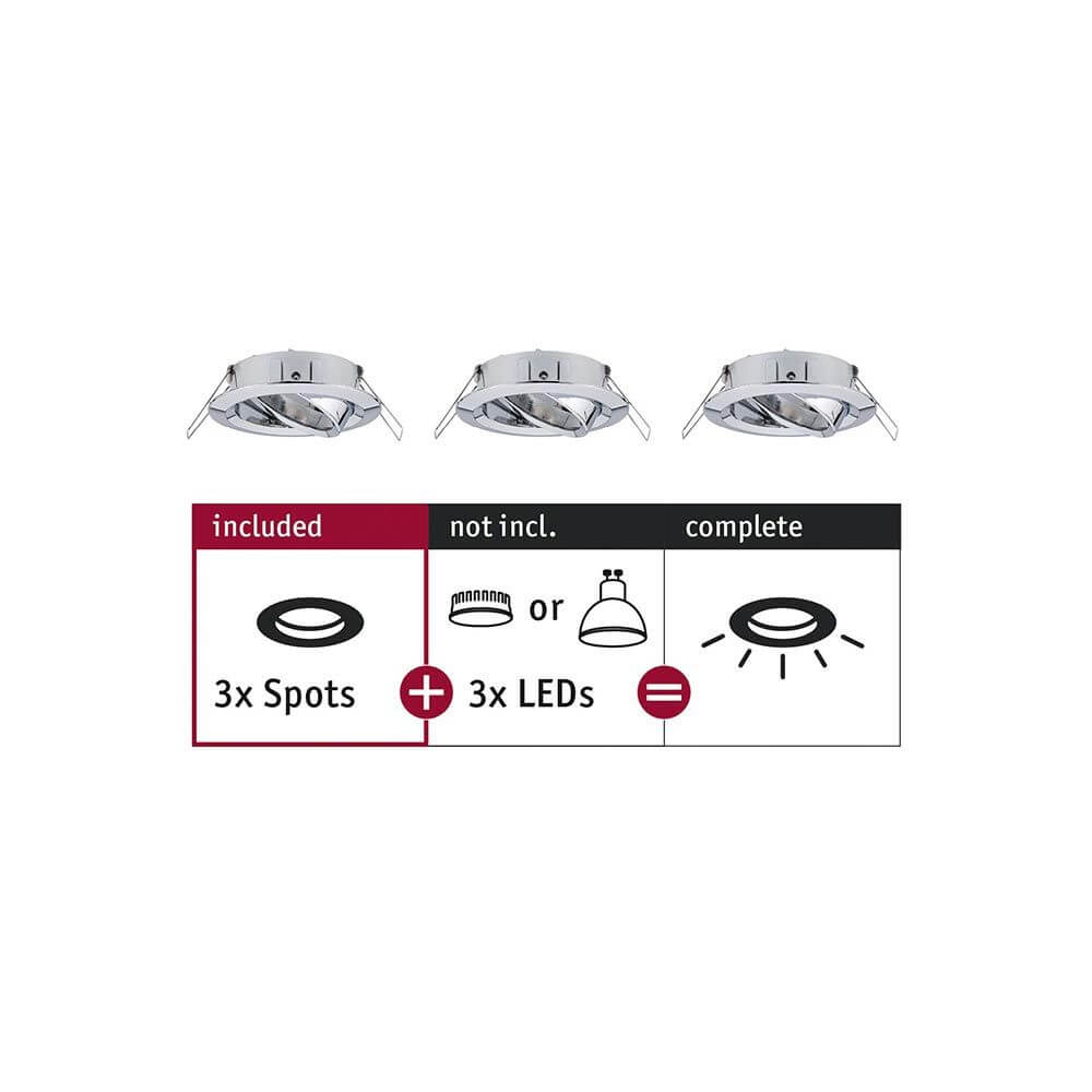 3er Set chromfarbene Einbauringe mit 3 Spots und LEDs für individuelle Lichtgestaltung.