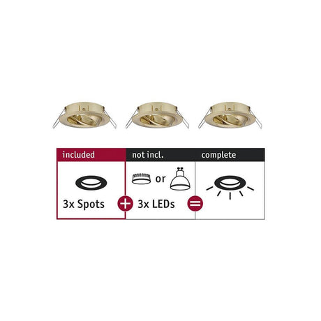Choose recessed ring 3-piece basic set swivel Brass with 3x spots and 3x LEDs information.