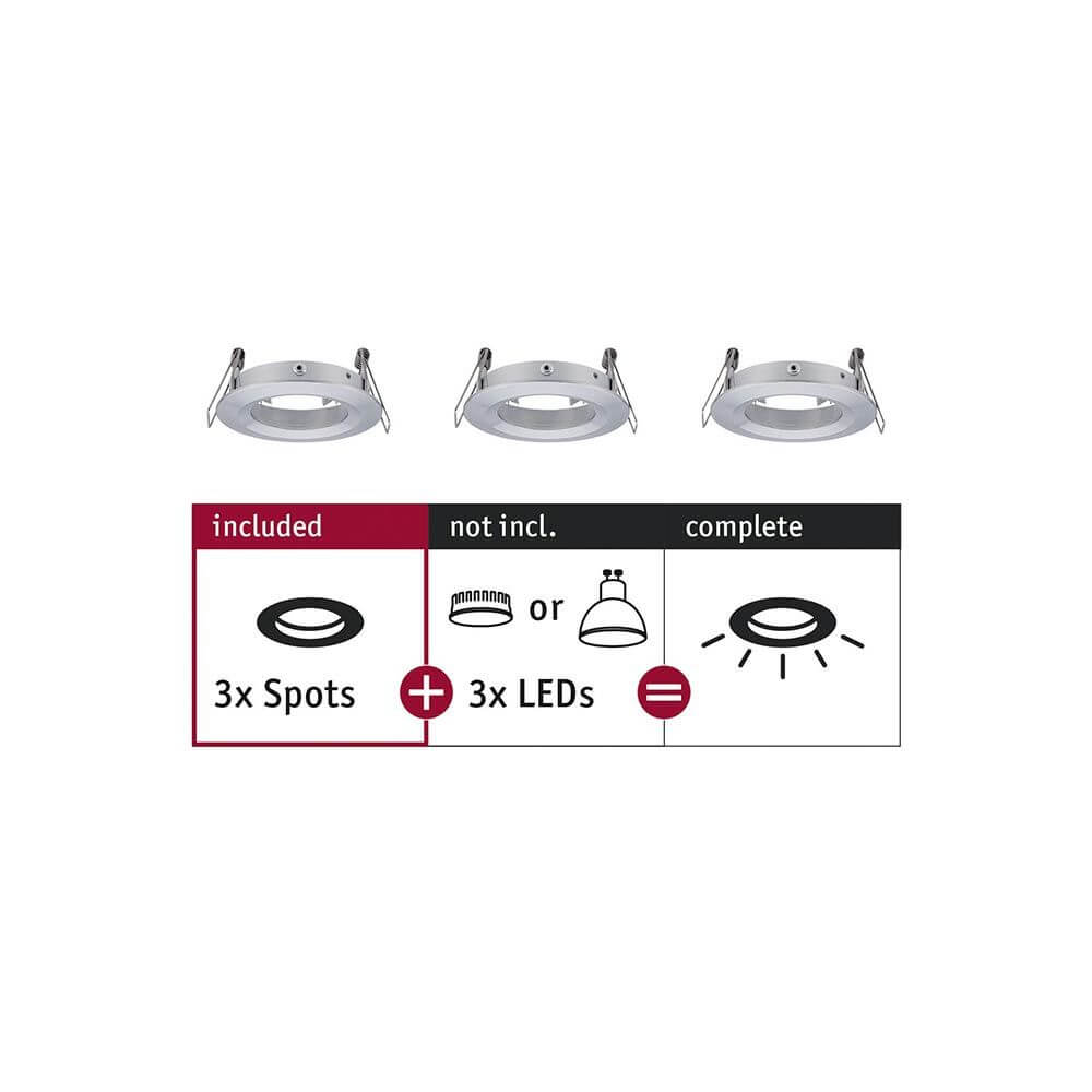 Einbauringe 3er Basis-Set Choose Starr Alu-Gedreht mit 3 Spots und 3 LEDs im Beispielbild.