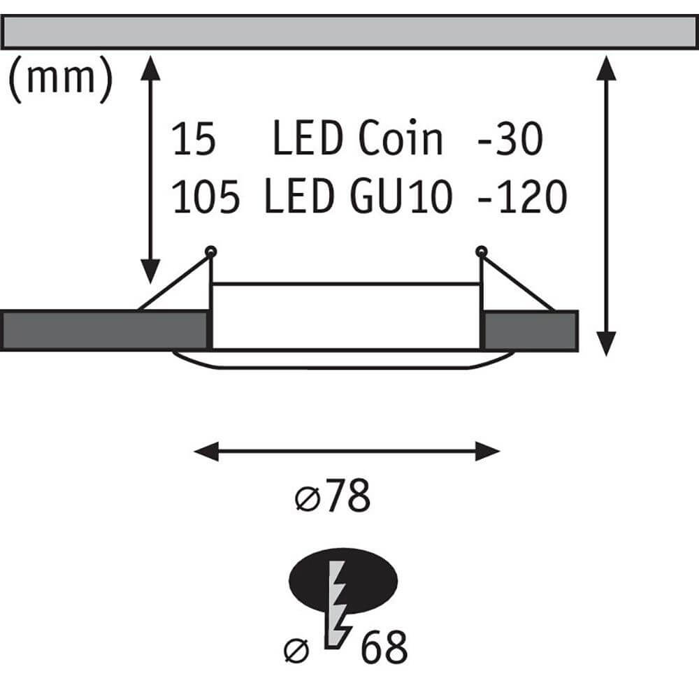 Einbauzeichnung für 3er Set Einbauringe Choose Basis-Set starr Messing-Gebürstet mit LED Coin und GU10 Leuchtmitteln.