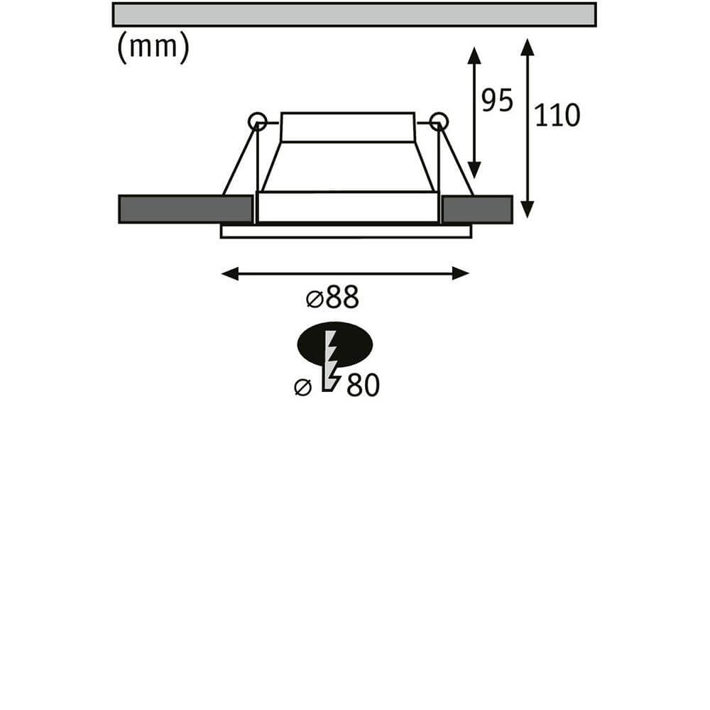 Einbauleuchte Cole Rund Dimmbar Weiß-Matt, Silber Einbaudetail Zeichnung mit Ø88 mm Ausschnitt und Einbautiefe 95–110 mm