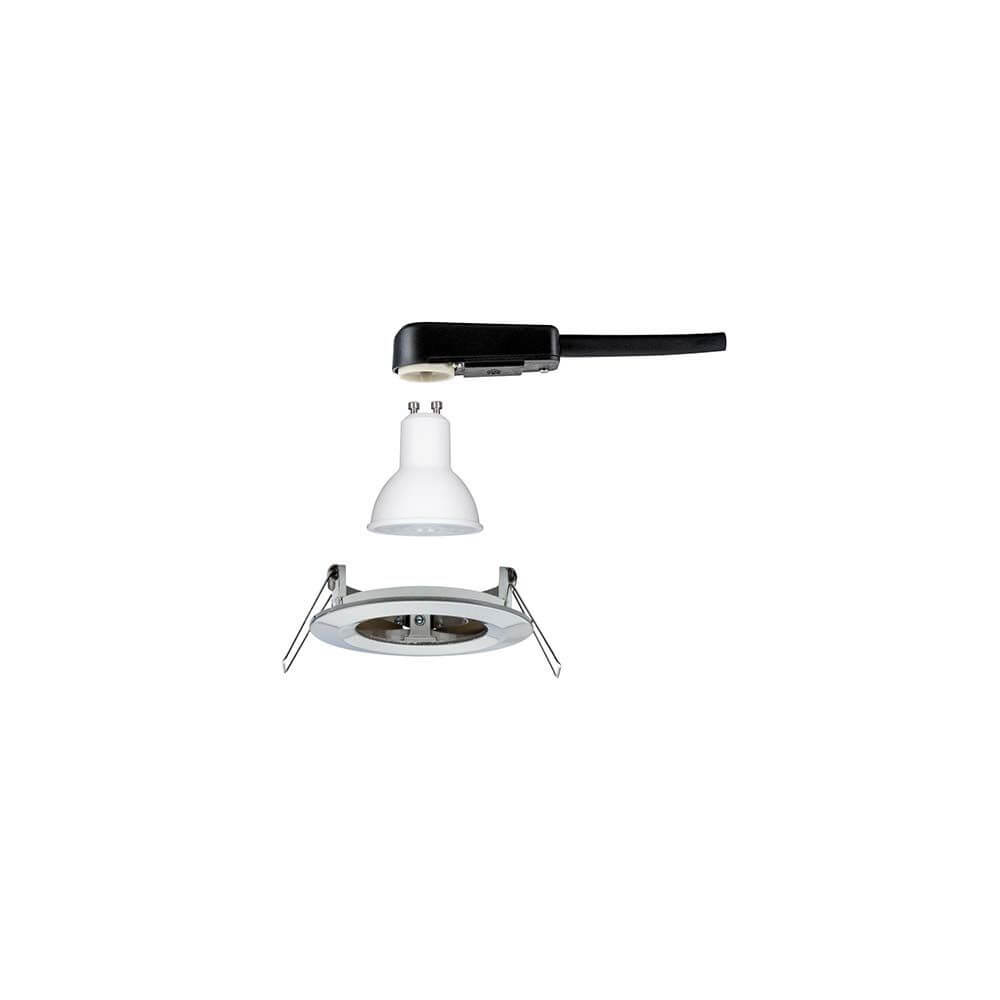 Einbauleuchte Nova rund starr LED IP44 1x6,5W 2700K GU10 – Montageansicht mit LED-Leuchtmittel und Einbauring.