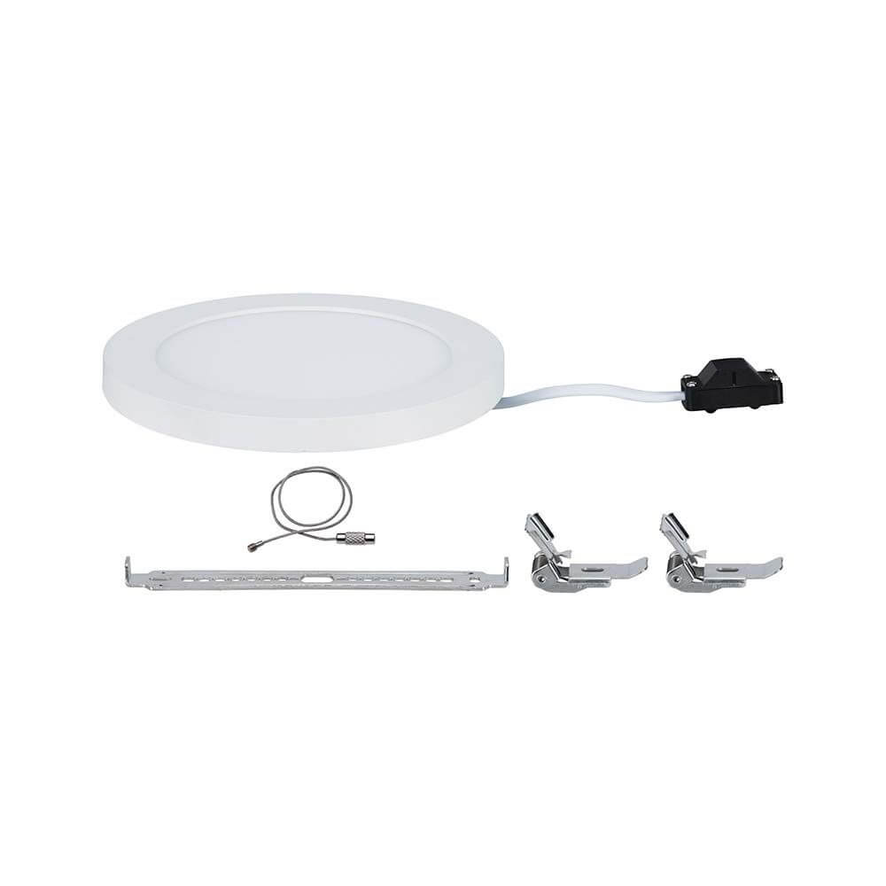 Promo LED Panel Einbauleuchte Cover-it Weiß mit Zubehörteilen, Haltefedern und Verbindungsdrähten.