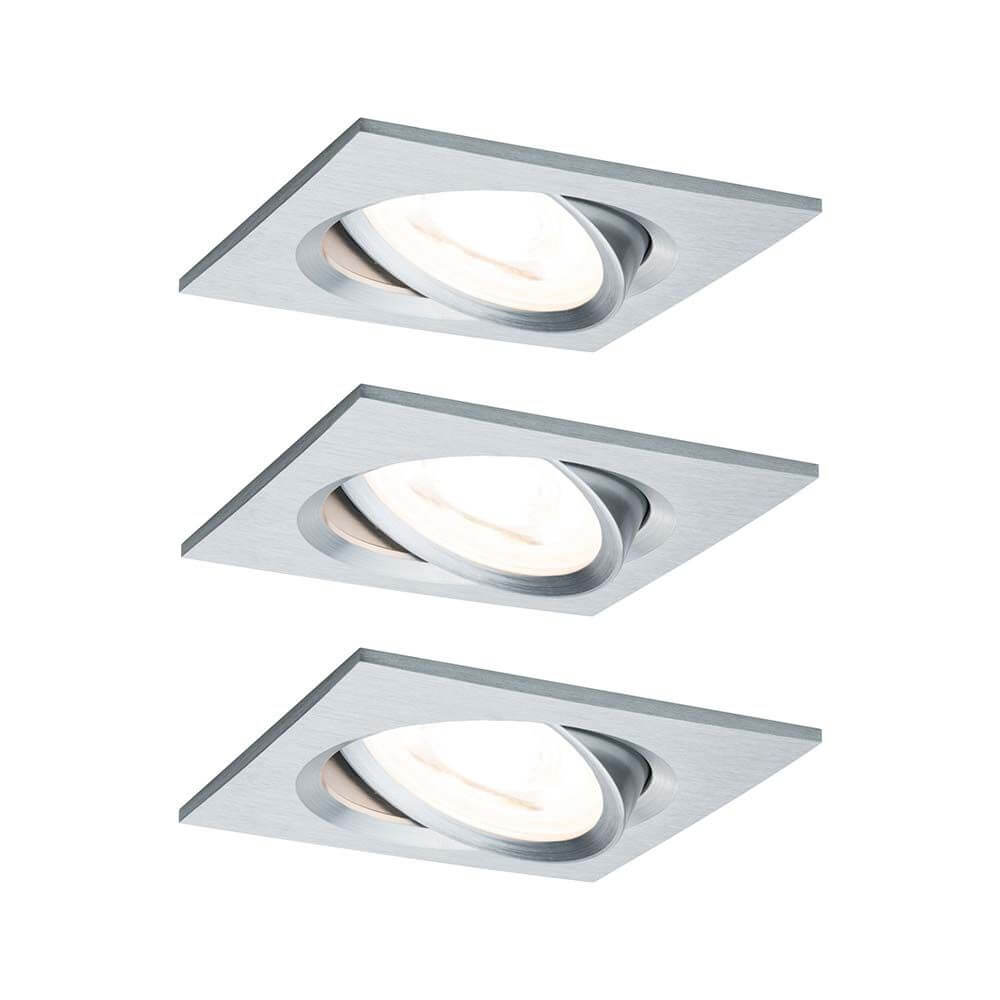 Einbauleuchten-Set Nova eckig, schwenkbare LED-Spots mit warmweißen 2700K Licht, modernes Design in Silber.