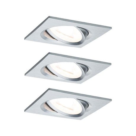 Einbauleuchten-Set Nova eckig schwenkbar LED 3x6,5W 2700K GU10 mit drei modernen Einbauspots in Aluminium.