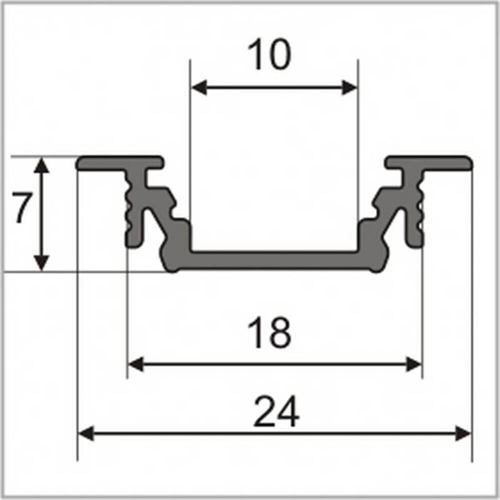 Schematische Darstellung eines schmalen Aluminium-Einbauprofils für LED-Strips mit Maßen.