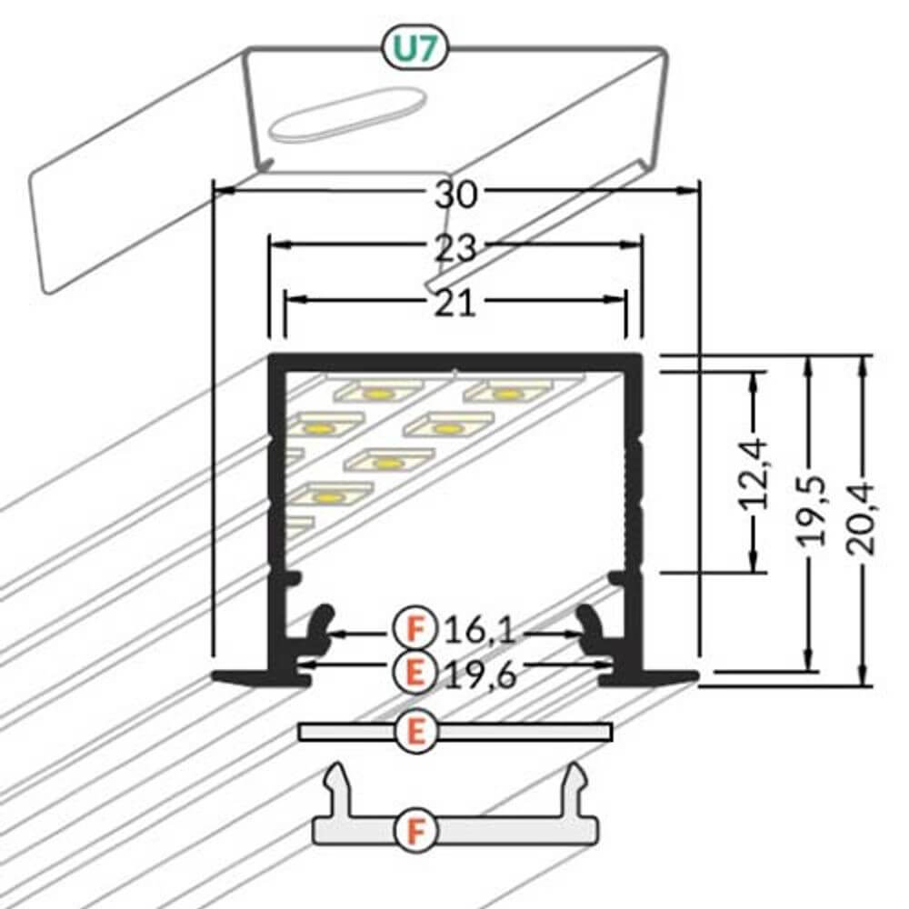 Einbauprofil tief 200cm Schwarz ohne Abdeckung für LED-Strips - technische Zeichnung mit Abmessungen.
