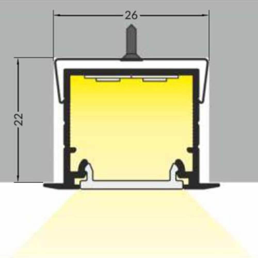 Einbauprofil tief 200cm Weiß ohne Abdeckung für LED-Strips - Schnittansicht mit Abmessungen 26mm x 22mm.