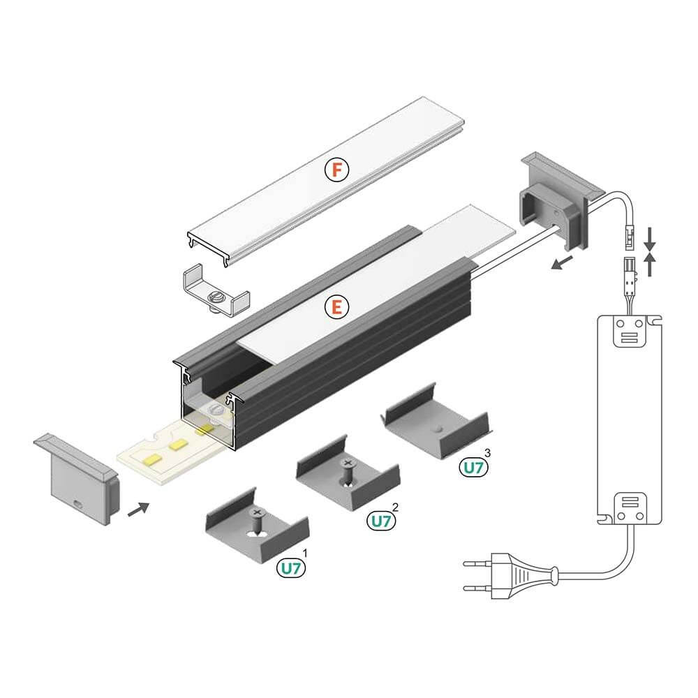 Einbauprofil tief 200cm Weiß ohne Abdeckung für LED-Strips mit Montageanleitung und Zubehörteilen