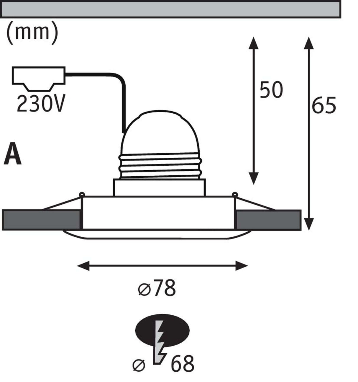 Technisches Diagramm des Einbaustrahlers Nova starr mit E27 Fassung, 230V-Anschluss und Abmessungen.