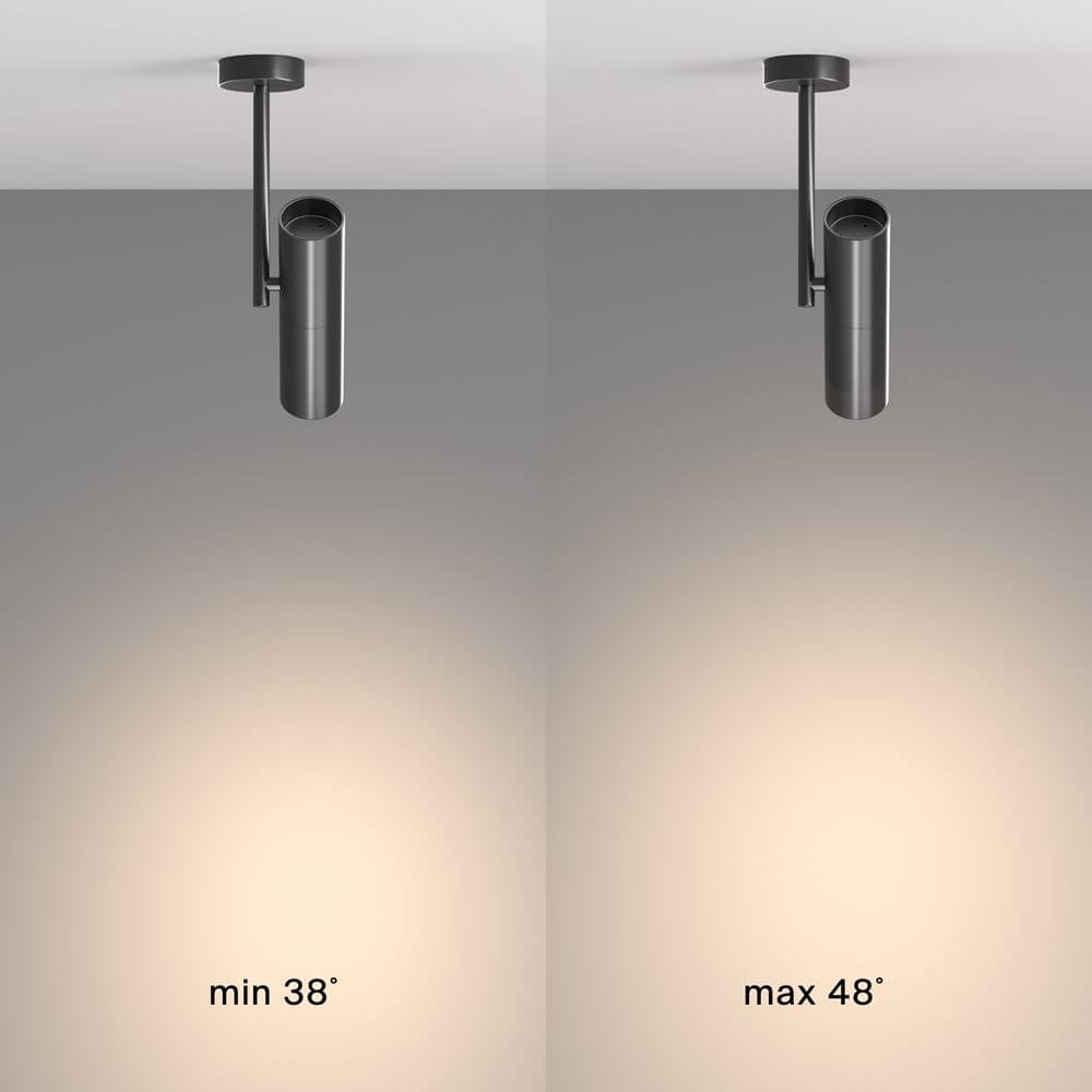 Elti Deckenlampe Spot Light mit verstellbarem Ansatz von min 38° bis max 48° für optimale Beleuchtung.