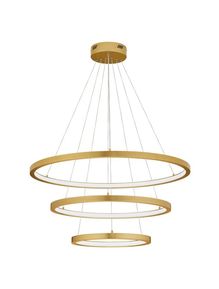 Empatia LED Pendelleuchte 3-flammig Ø 80cm 3000K in elegantem Gold mit drei Leuchtringen.
