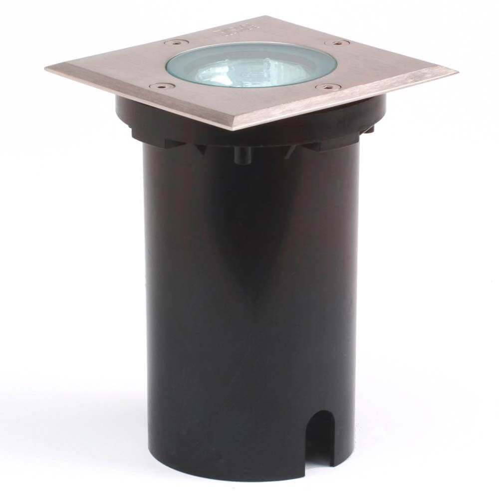 Energiespar Bodeneinbaustrahler eckig aus Edelstahl mit klarem Glas, ideal für Außenbeleuchtung.