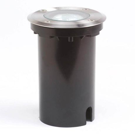 Energibesparende gulvindbygningsspot rund rustfrit stål, klart glas i moderne design.