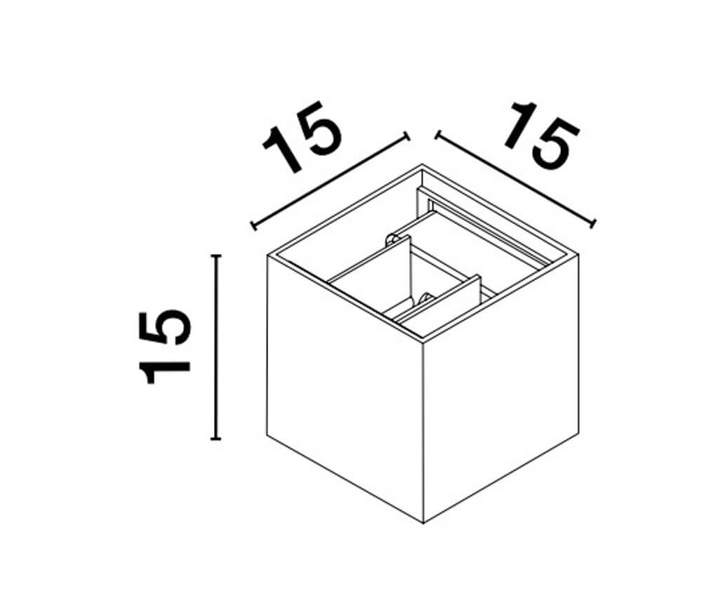 Maßzeichnung der Epic LED Außenwandleuchte Cube 3000K IP54, quadratisches Design mit 15 cm Seitenlängen.