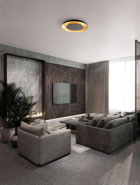 Epos ceiling light Ø 60cm 2700, 4000K in modern black-gold living room, aluminum ring with warm white light distribution