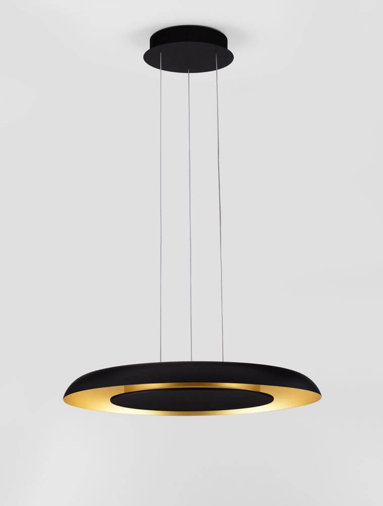 Epos Pendelleuchte Ø 60cm 2700, 4000K mit runder Aluminium- und goldfarbener Acryloberfläche.