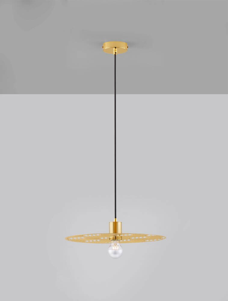 Eres Pendelleuchte Gold mit schwarzem Kabel, moderner Designleuchte für stilvolle Innenräume.