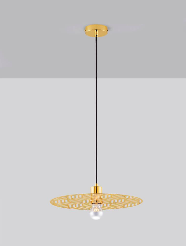 Eres Pendelleuchte in Gold mit transparentem Lampenschirm und schwarzem Kabel, modernes Design für stilvolle Innenräume.