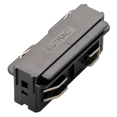 Eutrac longitudinal connector electrical black, rigid connector for high-voltage 3-phase surface-mounted track system.