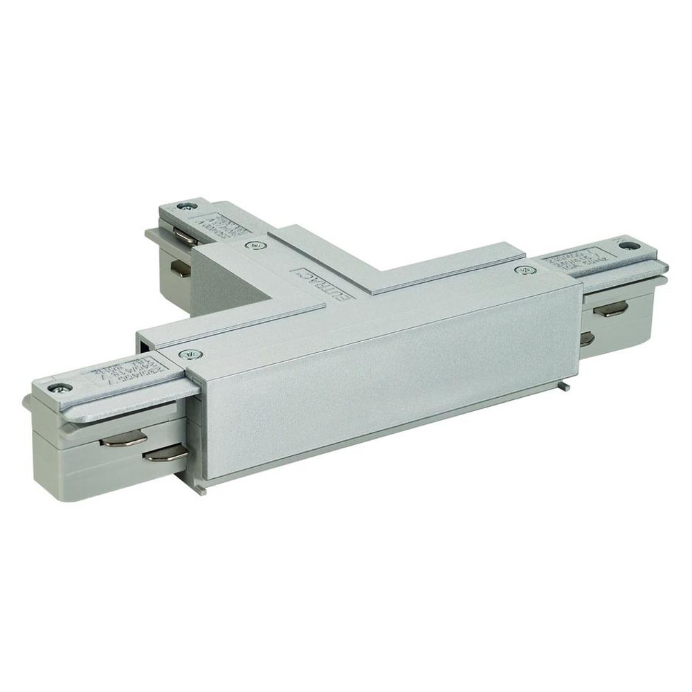 Eutrac T-Verbinder Erde rechts Silbergrau für Hochvolt 3Phasen-Aufbauschienen-System.
