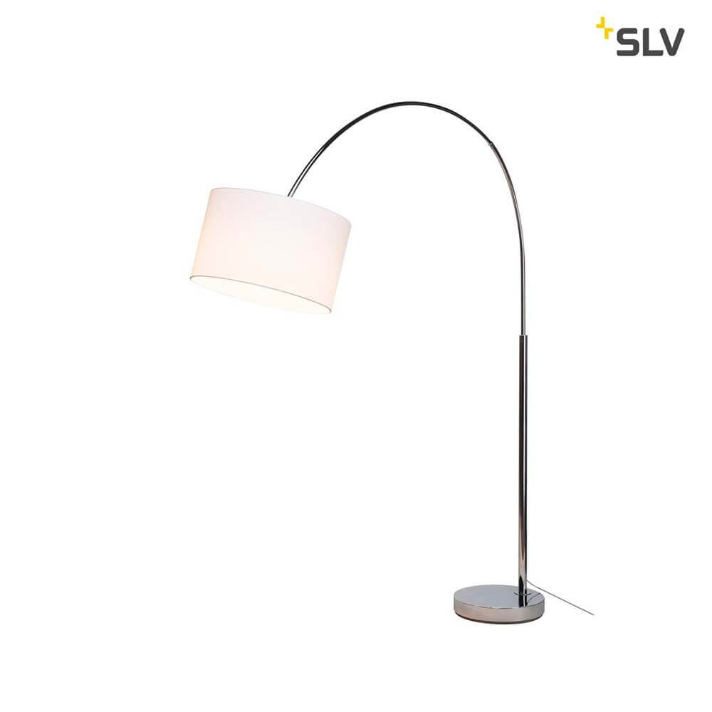 Fenda Bow Basis E27 Bogenlampe Chrom (ohne Schirm) mit chromfarbenem Bogenarm und weißem Lampenschirm.